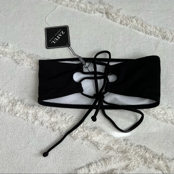 Black ribbed strapless bandeau bikini top with tie in the back zaful - Picture 3 of 9